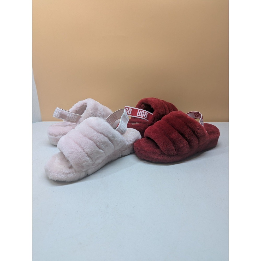 2 Pairs UGG Fluff Yeah Slides Pink SLPN & Red Ribbon RBRD 1095119 Slippers sze 8 - Picture 3 of 12